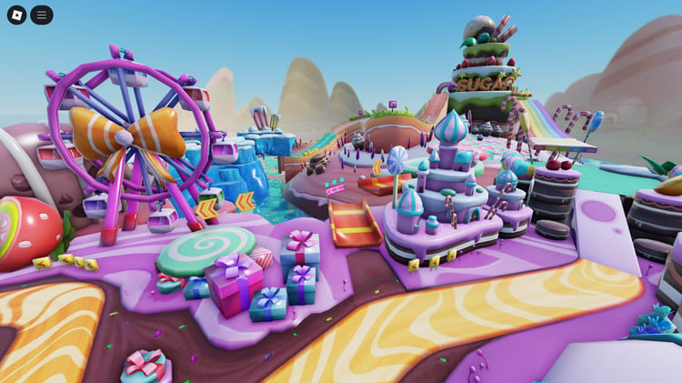 Cars drifting on candy-themed Roblox circuit
