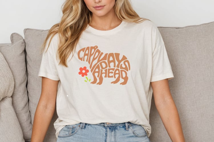 This design features the words Cappy Days Ahead creatively made into a Capybara Shape.