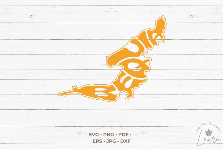 This design features the word Bequia creatively made into the shape of a this St. Vincent and the Grenadines island.