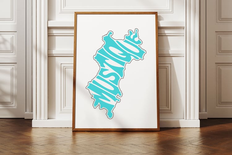 This design features the word Mustique creatively made into the shape of a this St. Vincent and the Grenadines island.