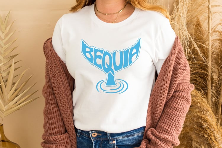 This design features the word Bequia creatively made into the shape of a whale tail.