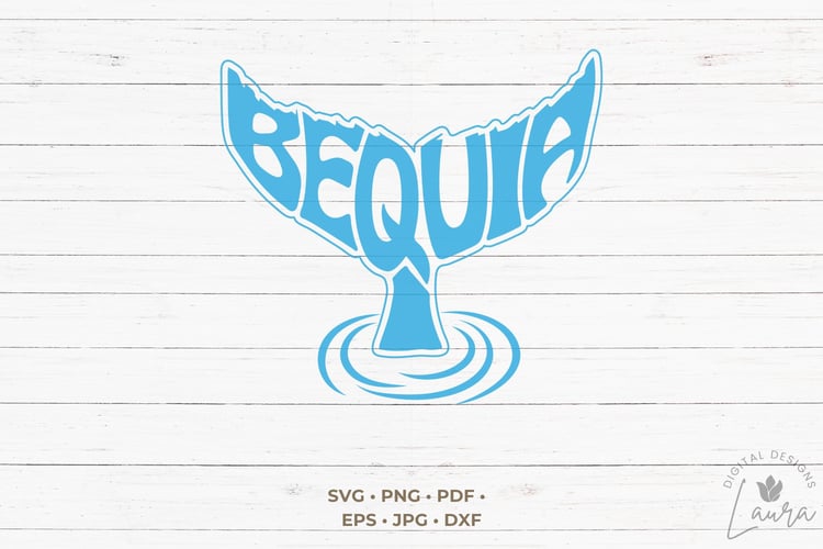 This design features the word Bequia creatively made into the shape of a whale tail.