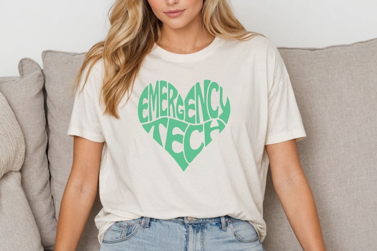 This design features the words Emergency Tech, creatively made into the shape of a heart.