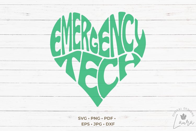 This design features the words Emergency Tech, creatively made into the shape of a heart.