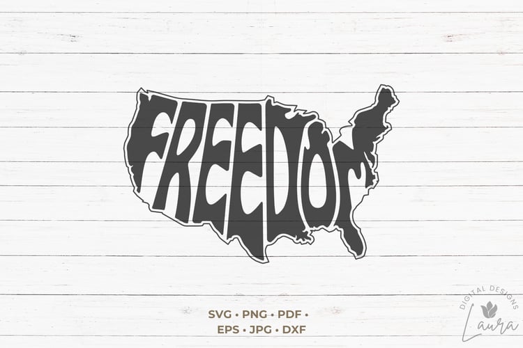 This design features the words Freedom creatively integrated onto the shape of United States of America.