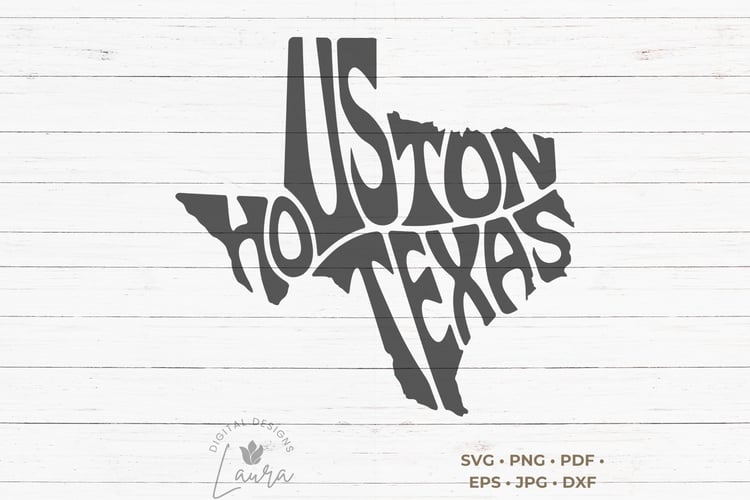This design features the words Houston Texas creatively arranged in the shape of the state of Texas.