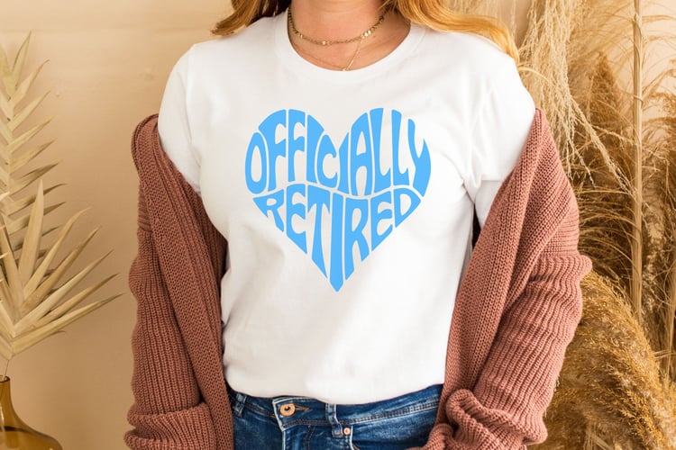 This design features the words Officially Retired, creatively made into the shape of a heart.