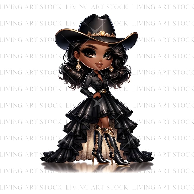 This striking digital illustration features an adorable chibi or doll-style character, an African American girl, styled in a sophisticated and glamorous cowgirl outfit with a dominant black and gold color palette.