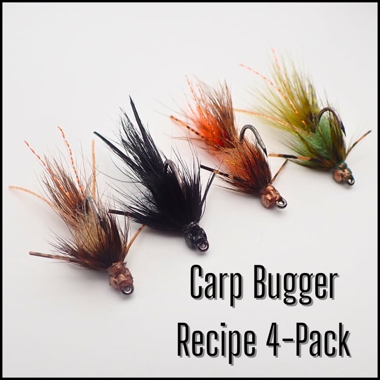 Tying recipe four-pack for the Creek Bugger Carp Version fly in four color variations.