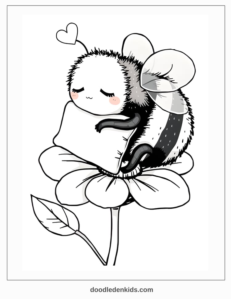 Soft and snuggly kawaii bumblebee dozing atop a flower 🌸, hugging a tiny pillow, with the sweetest sleepy smile coloring page