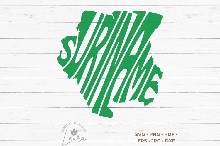 This design features the word Suriname creatively made in the shape of the country.