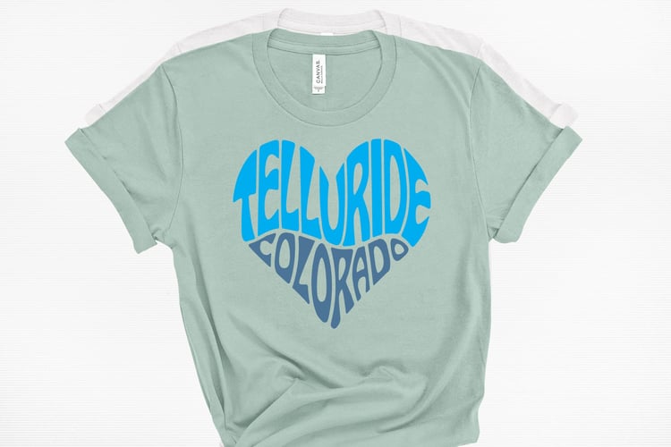 This design features the words Telluride Colorado, creatively made in the shape of a heart.