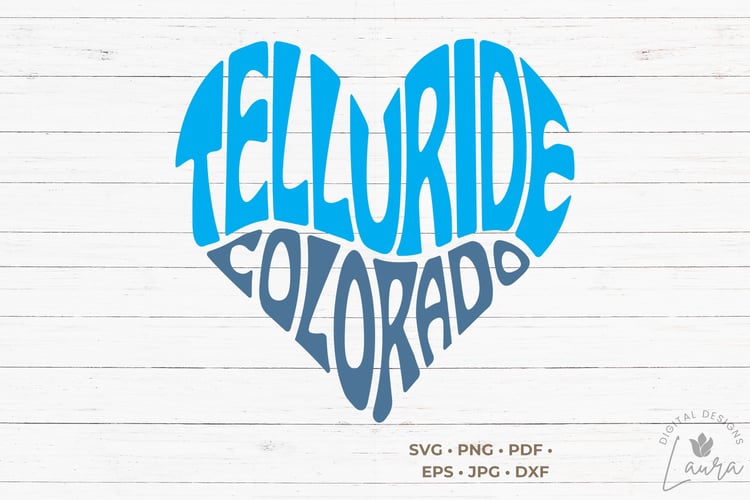 This design features the words Telluride Colorado, creatively made in the shape of a heart.