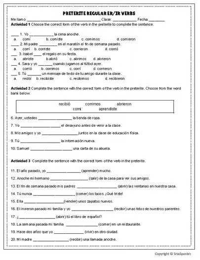 El Pretérito Preterite Tense Spanish Worksheets ER IR Regular Verbs Practice