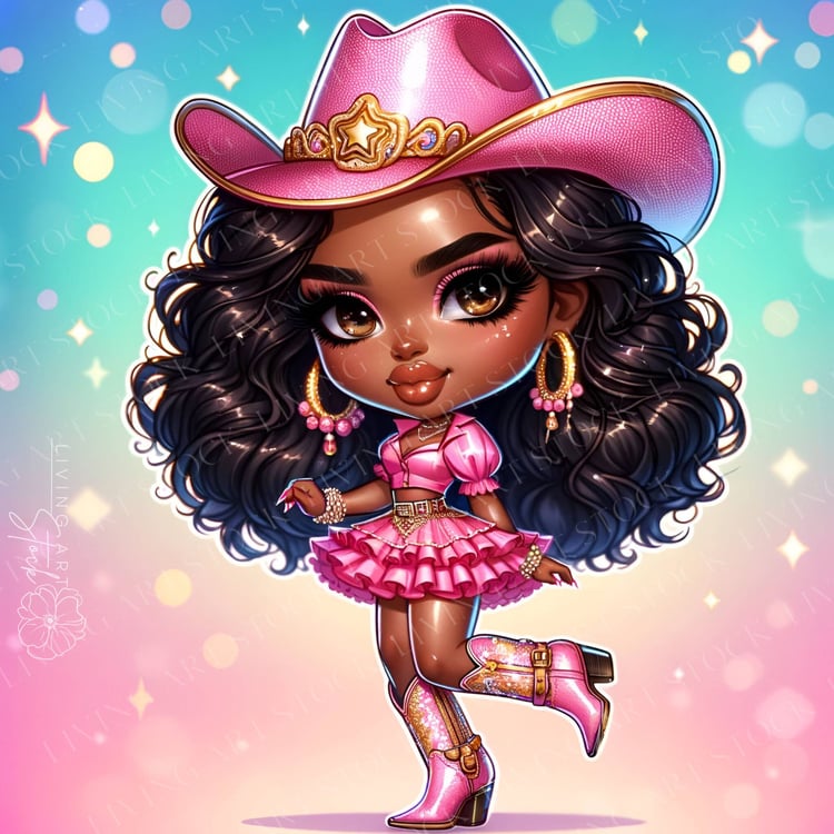 This is a high-quality digital illustration featuring an adorable chibi or doll-style character, an African American or Black girl dressed in a fashionable and glamorous cowgirl outfit.