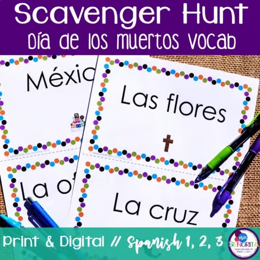 Spanish Día de los Muertos Scavenger Hunt vocab review activity - print digital