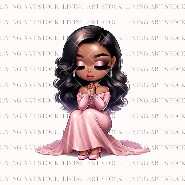 This sweet and elegant digital illustration depicts an adorable chibi or doll-style character, an African American or Black woman, kneeling in a posture of prayer, contemplation, or devotion. She is wearing a flowing, off-the-shoulder pink gown or dress a
