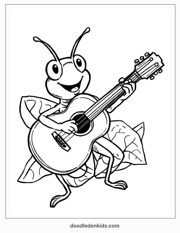 Goofy kawaii grasshopper jamming on a leaf guitar 🎸 and dancing with wild joy! — perfect for children who love cute, whimsical bugs