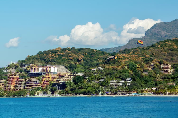 tropical resort photography, parasailing wall art, coastal city print, colorful landscape decor, travel inspired art, tropical ocean view, vacation photography print, beach resort artwork, coastal paradise wall decor, tropical adventure art