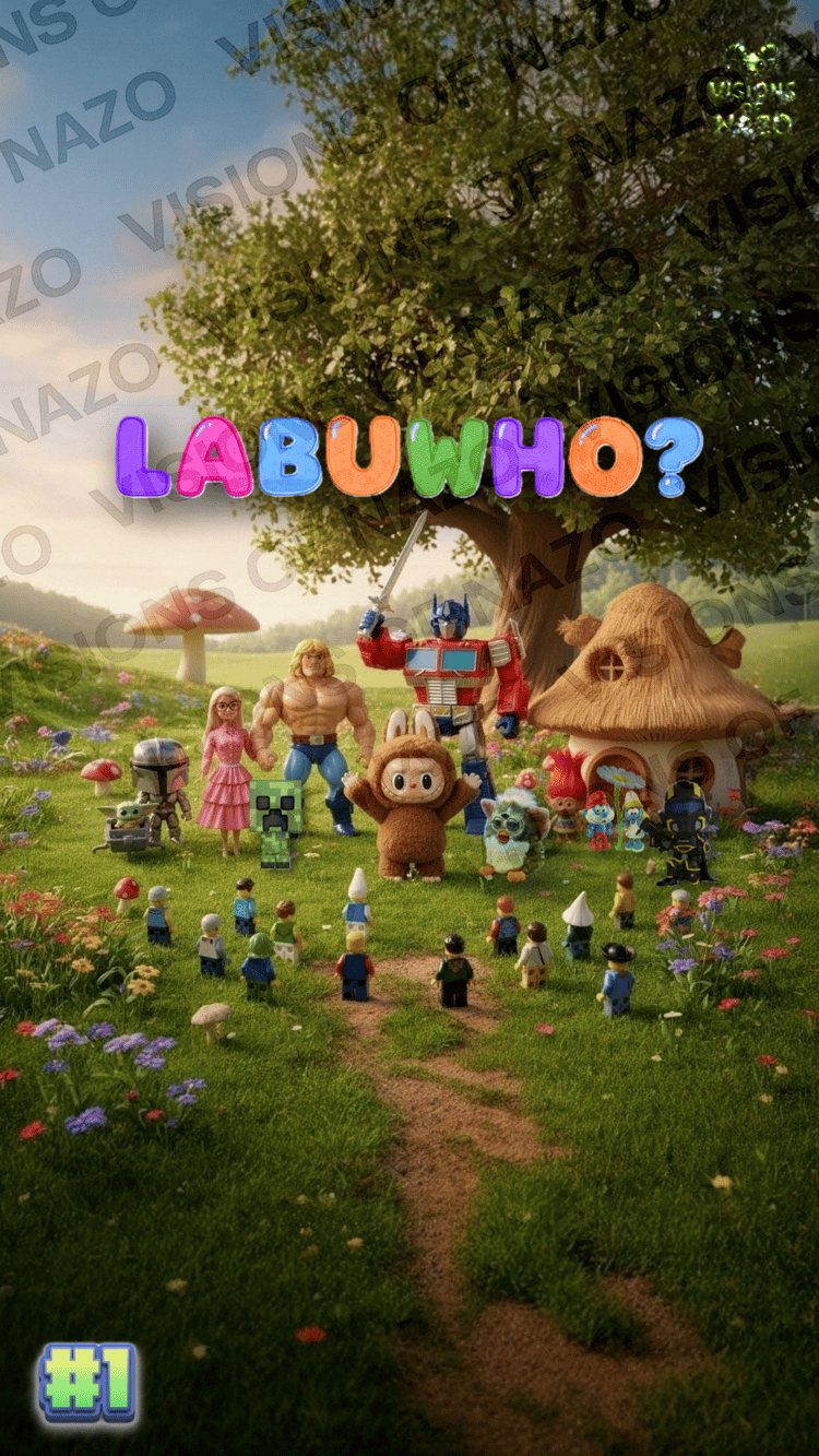 Labubu Colorful 9:16 phone wallpaper background showing various toys — including Optimus Prime Transformers , He-Man with Barbie, Mandolorian with Grogu, Helldivers 2 Funko Pop, LEGO figures, and a small fuzzy character named Labubu  standing in a meadow 