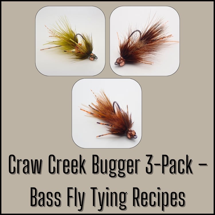 Tying recipe 3-pack for the Craw Creek Bugger Bass Version with three color variations by Matt Campbell, The Fly Guy.