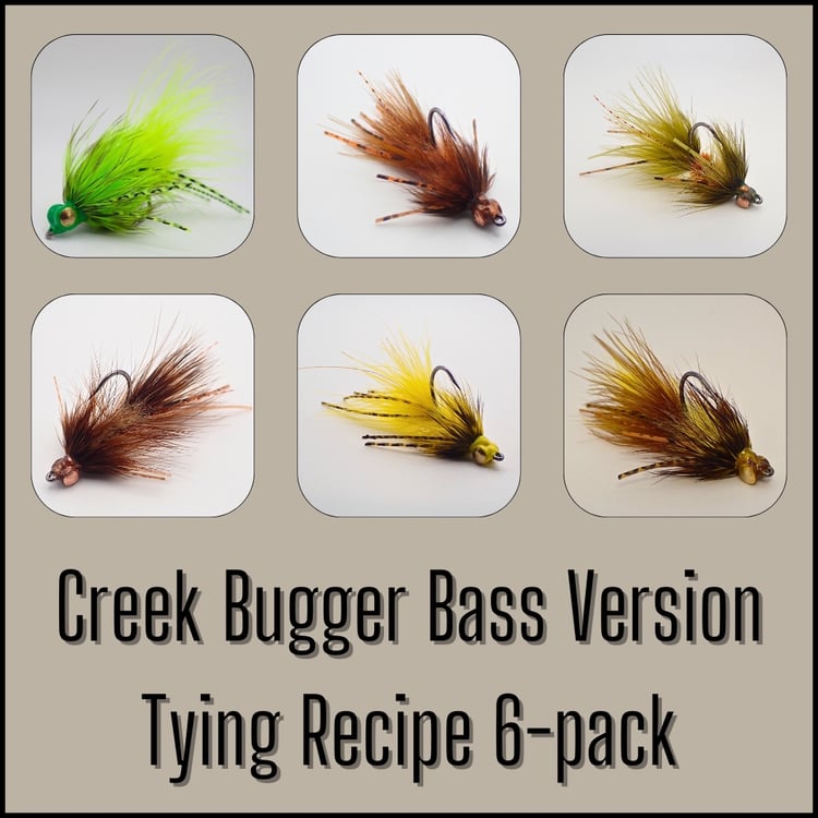 Tying recipe 6-pack for the Creek Bugger Bass Version with six color variations by Matt Campbell, The Fly Guy.