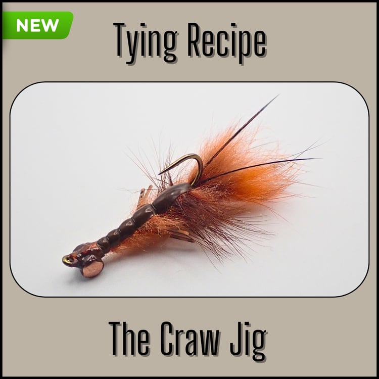 Tying Recipe for The Craw Jig fly pattern, a crayfish imitation jig fly used in smallmouth bass fly fishing.