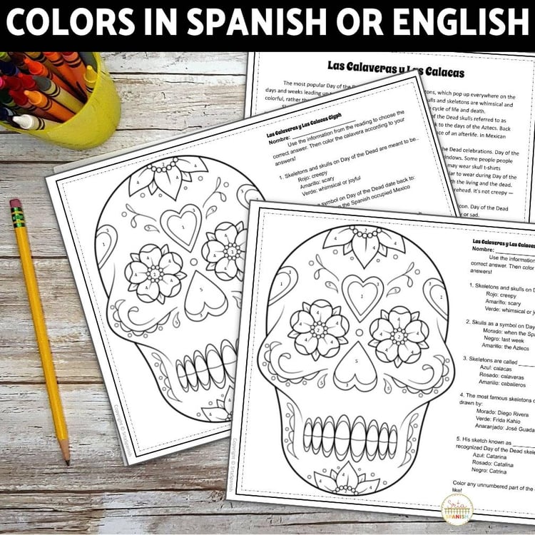 Día de los Muertos Sugar Skull Fun Fall Reading Spanish Coloring Activity Sheets