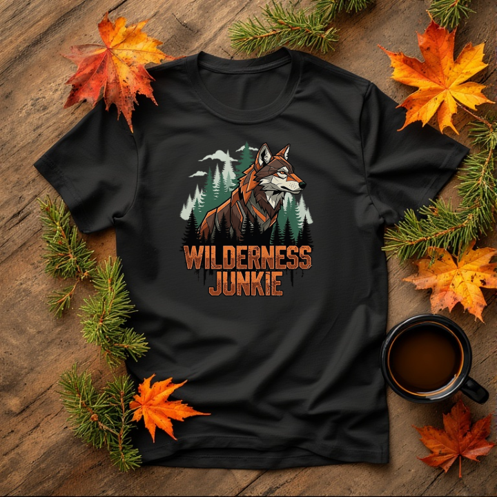 This Wilderness junkie wolf Graphic is perfect for t-shirts, mugs, stickers, posters, and outdoor-themed merchandise.