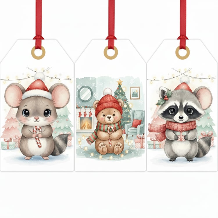 Watercolor Christmas gift tags with cute woodland animals wearing holiday hats.