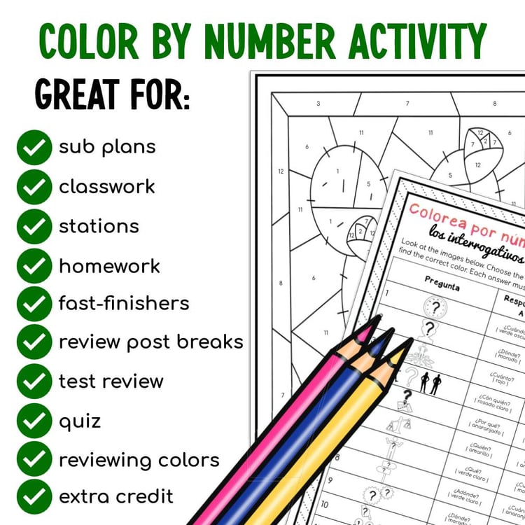 Spanish Interrogatives Activity Spanish Color by Number