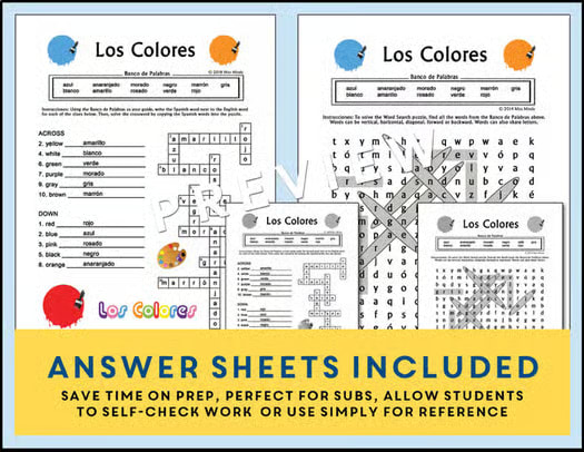 Spanish Colors (Los Colores) Crossword & Word Search Puzzle Worksheets