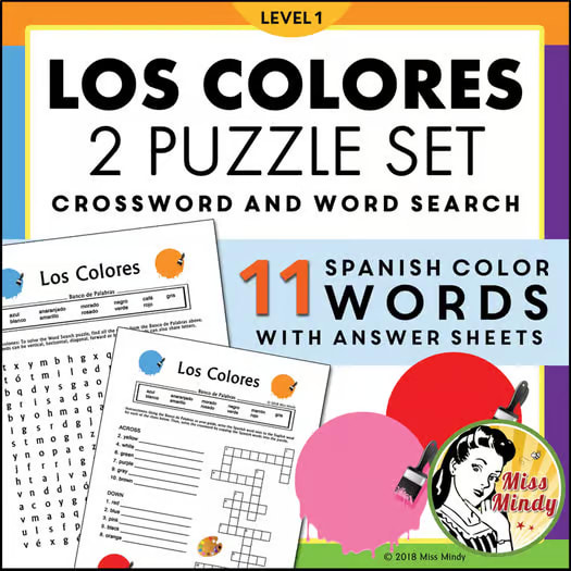 Spanish Colors (Los Colores) Crossword & Word Search Puzzle Worksheets