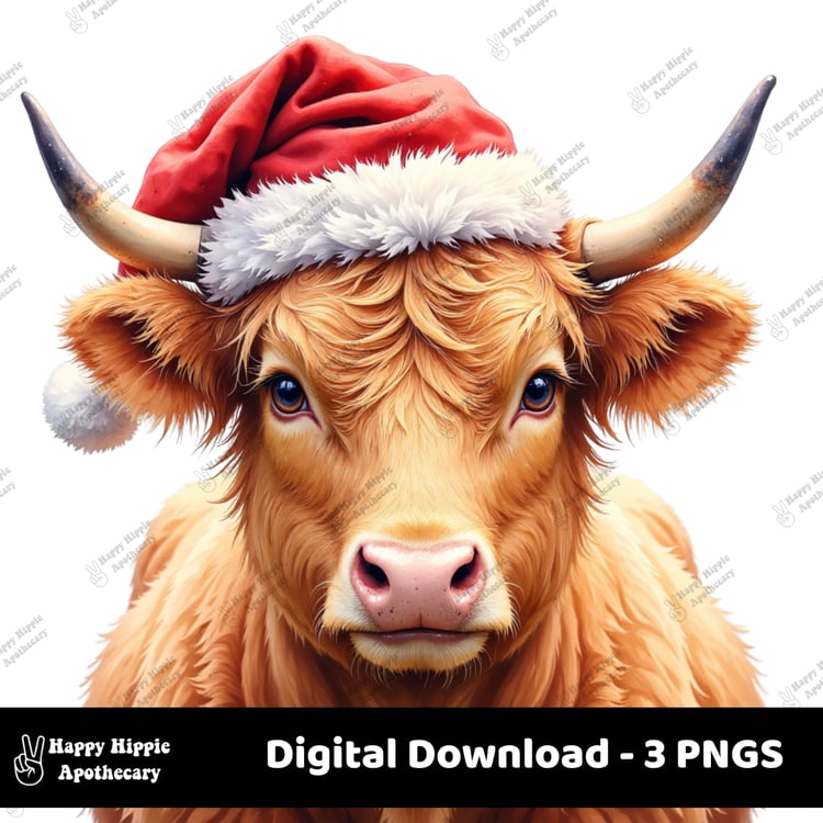 Close-up of Highland cow wearing a fluffy red Santa hat, detailed fur texture and bright holiday tones