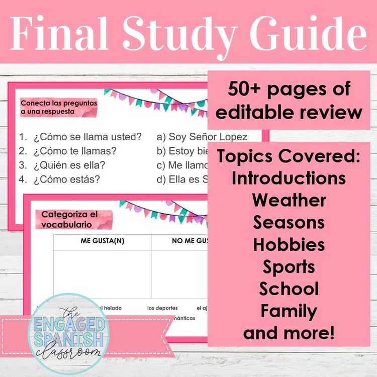 EDITABLE Spanish 1 Final Exam Study Guide | Review Activities