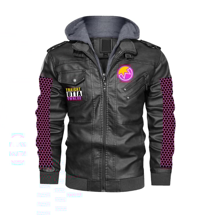 A hooded black leather jacket with Wownero logo.