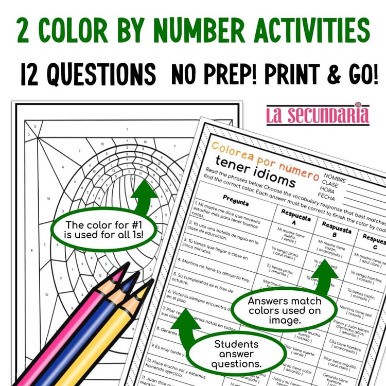 Tener Idioms Activity Spanish Color by Number tener expressions