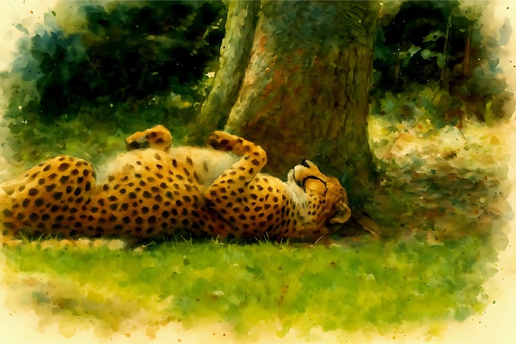 animal, art, big cat, camouflage, carnivore, cheetah, coat, endangered, environment, fast, feline, forest, fur, grass, green, illustration, impressionist, jungle, landscape, leopard, lying down, mammal, natural habitat, nature, outdoors, painting, park, p