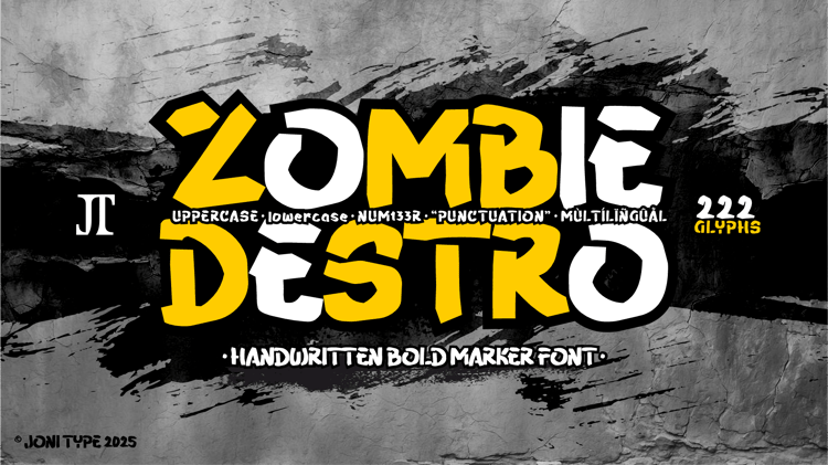 🔥 Zombie Destro – Handwritten Bold Marker Font  Zombie Destro is a bold and energetic handwritten marker font that brings raw attitude and rebellious spirit to your designs. With thick strokes, rough edges, and dynamic movement, it delivers a handcrafted 