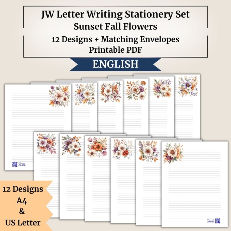 JW Letter Writing Stationery Set | Sunset Fall Flowers | 12 Designs + Matching Envelopes | A4 & US Letter | With and Without Jw.org QR Code