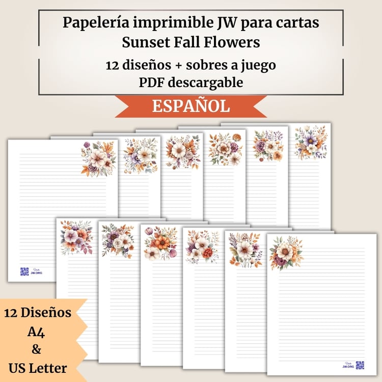 Papelería imprimible JW para cartas | Sunset Fall Flowers | 12 diseños + sobres a juego | A4 y US Letter | Con y sin código QR a Jw.org