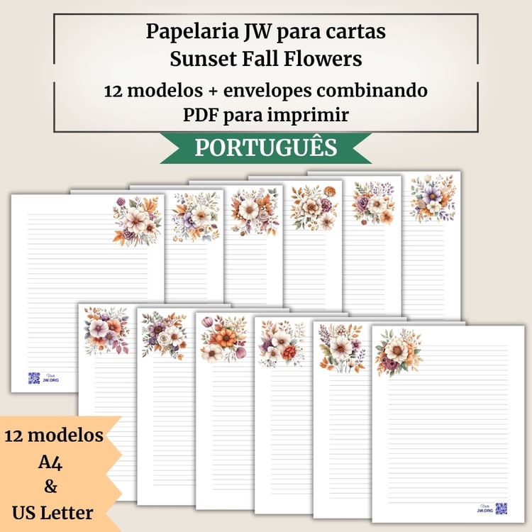 Papelaria JW para cartas | Sunset Fall Flowers | 12 modelos + envelopes combinando | A4 e US Letter | Com e sem QR Code para Jw.org