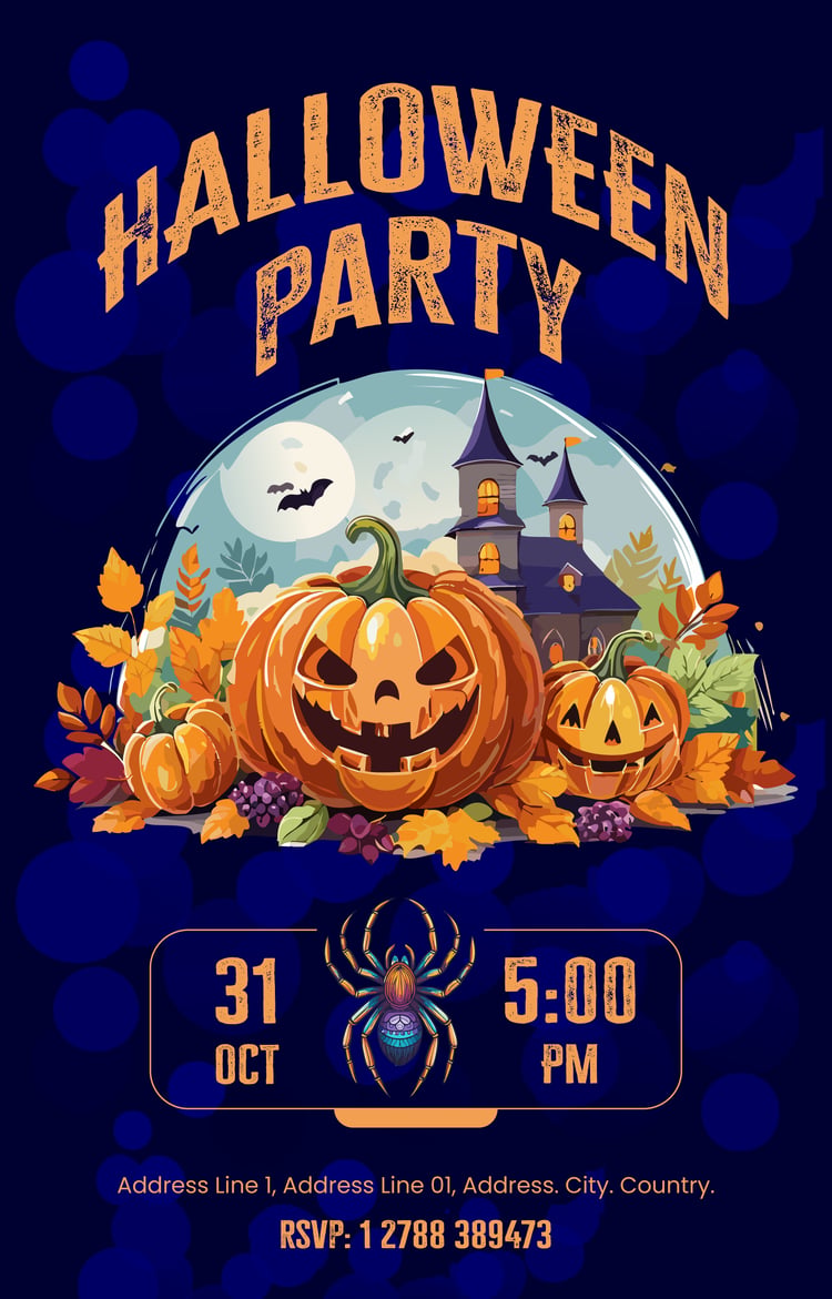 Spooky Halloween party invitation template featuring carved pumpkins, haunted house, bats, full moon, and autumn leaves, set against a dark blue background. Includes RSVP details, event time, and date in bold text with gothic and festive elements. Perfect