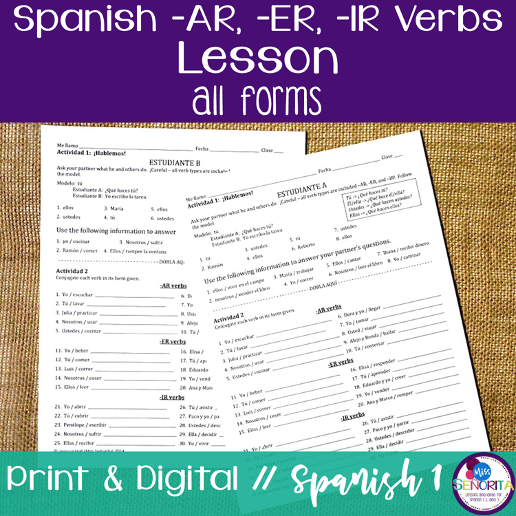 Spanish Present Tense Regular AR, ER, IR Verbs Lesson - el presente activities