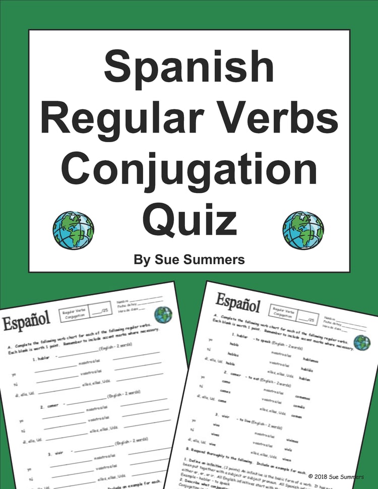 Spanish Conjugation Quiz or Worksheet Regular Verbs Present Tense
