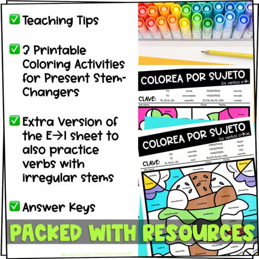 Stem-Changing Present Tense Verb Spanish Conjugation Coloring Emergency Sub Plan