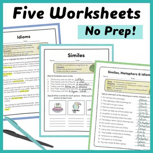 Figurative Language Worksheets and Games for Idioms, Similes and Metaphors