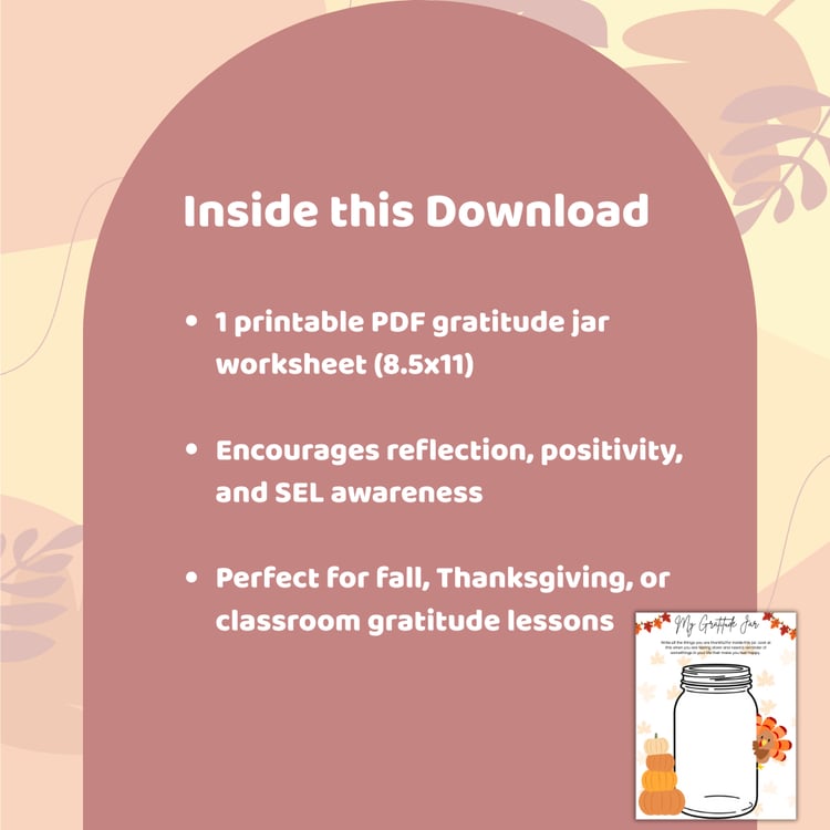 Printable gratitude activity featuring pumpkins, turkey, and mason jar for fall classroom use