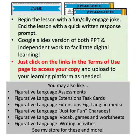 Figurative Language: Powerpoint Lesson and Practice Work (Lenguaje Figurado)