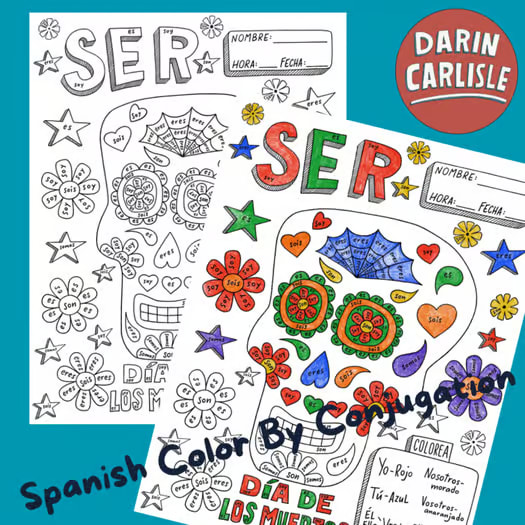 Día de los muertos color by verb conjugation Ser Day of the dead calavera